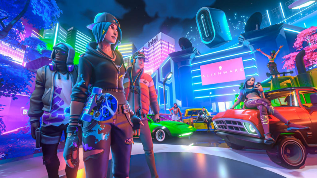 Et salgsfremmende billede for Alienware's Defy City i Fortnite, med to karakterer i urbane outfits med en by af neon bag sig