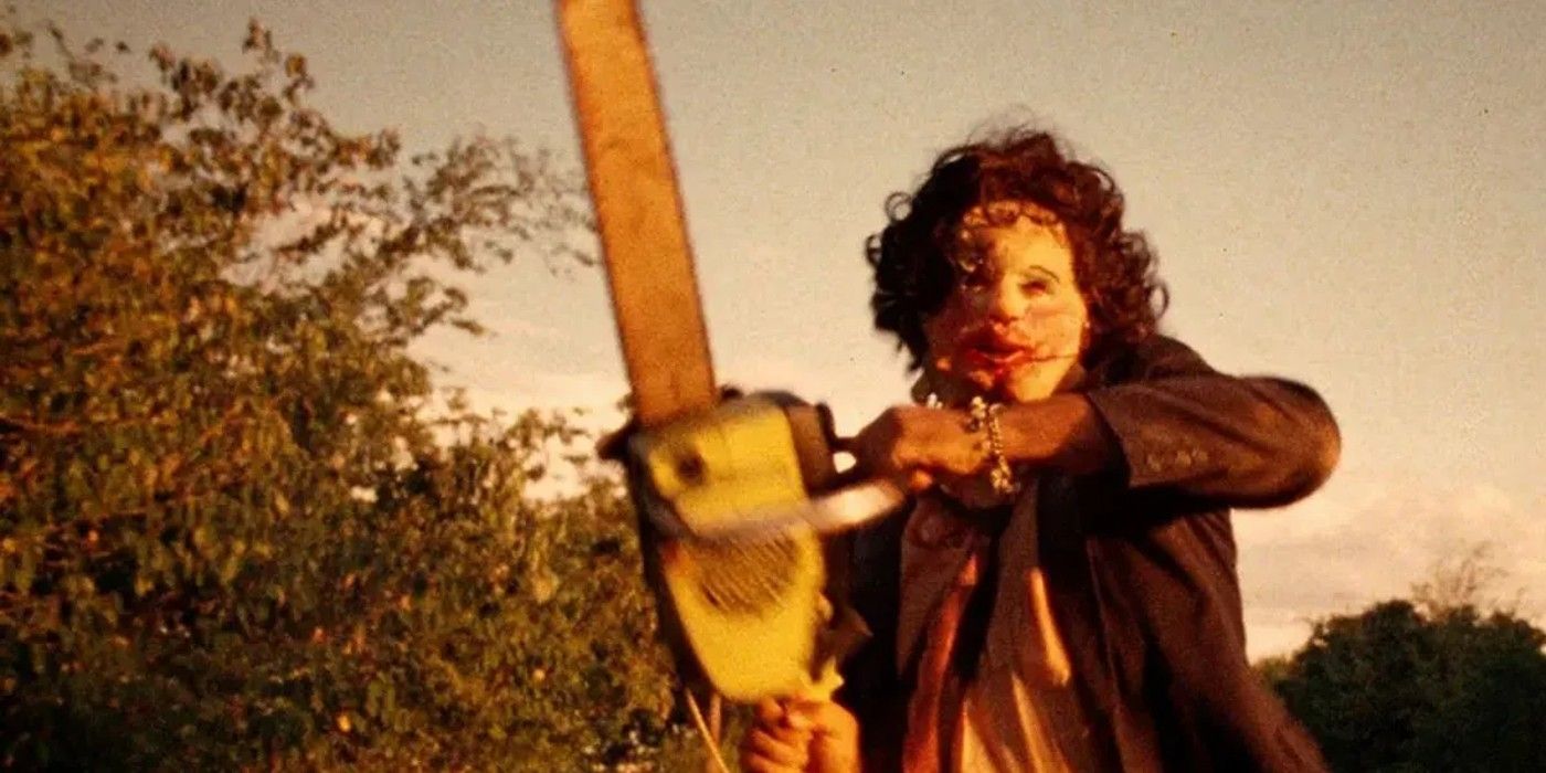 1970'er Texas Chainsaw Massacre film still - Læderflade med en motorsav