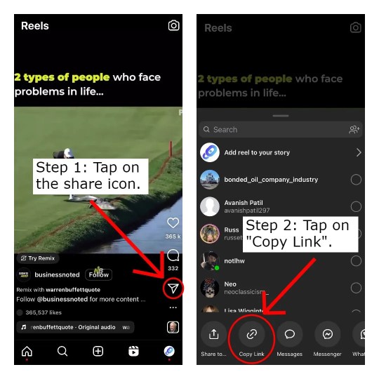 Muligheden for kopieringslink til Instagram Reels vises ikke