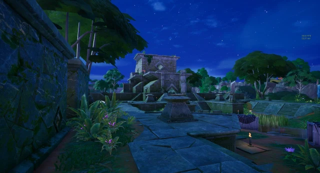 Fortnite's Rumble Ruins POI.  Et tempel midt i en jungle. 