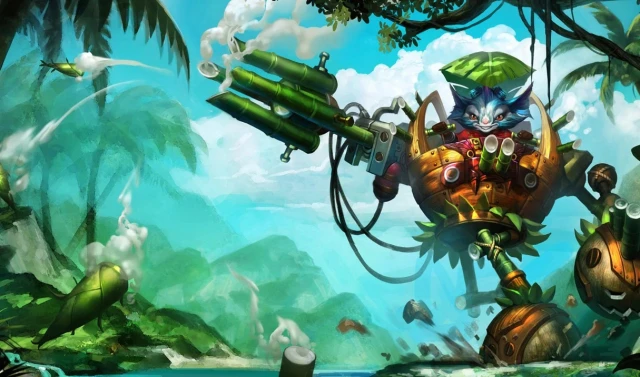 Rumble sidder i sin jungle-lignende maskine og skyder sine raketter.