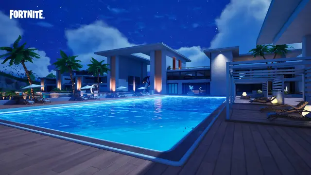 Fortnite's Relentless Retreat med en udendørs swimmingpool, palmer og liggestole. 