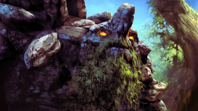 Et kæmpe klippemonster med grønt skæg og gule øjne stirrer frem i en skov i Dota 2.