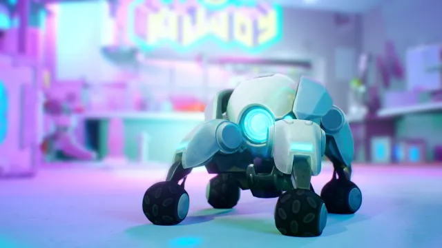 En Killjoy robot, der lyser blåt med små hjul i VALORANT.
