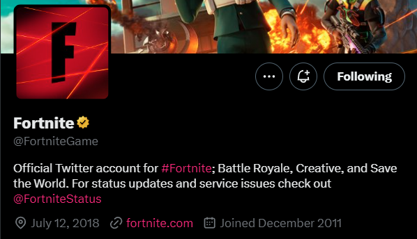 Et billede af Fortnites Twitter-profil, med dens placering indstillet til "12. juli 2018."