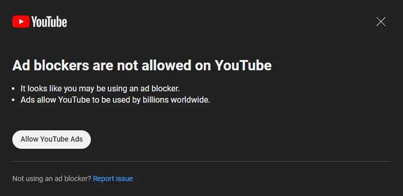 Annonceblokering er ikke tilladt på YouTube