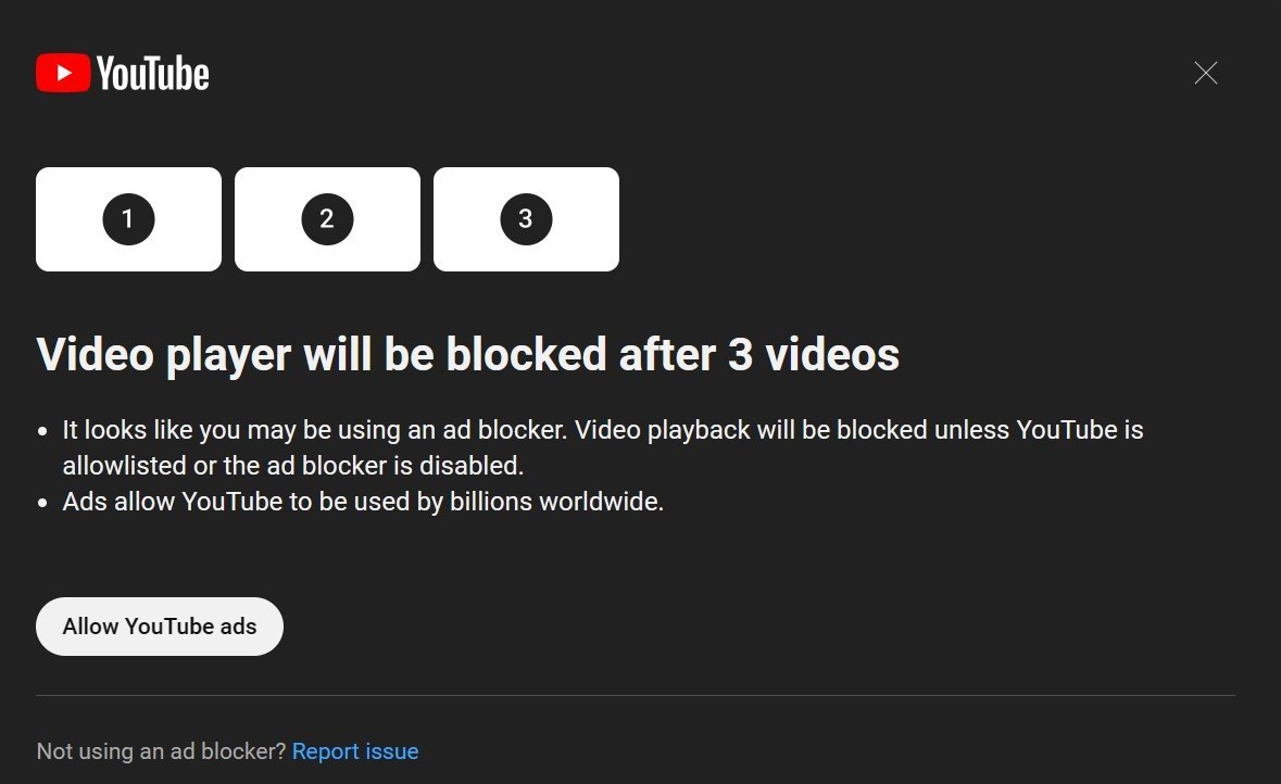 Videoafspiller vil blive blokeret efter 3 videoer