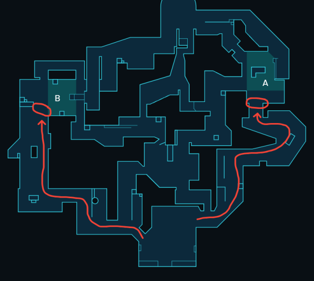 To veje til at komme fra angriber spawn til A og B site på Pearl, på af VALORANTs kort.
