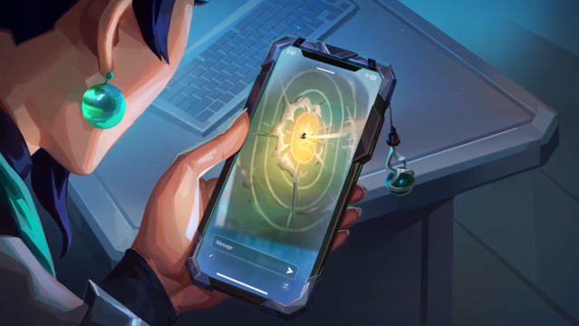 VALORANT-agent Sage ser på sin telefon på et billede af et mål, der bliver skudt i VALORANT.