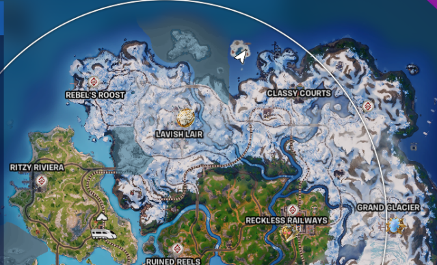 Et skærmbillede af kortet i Fortnite, der viser Sgt.  Vinterens beliggenhed.