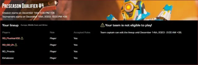 Skærmbillede af Battlefy med en meddelelse om "Dit hold er ikke kvalificeret til at spille" taget af G0_Zh