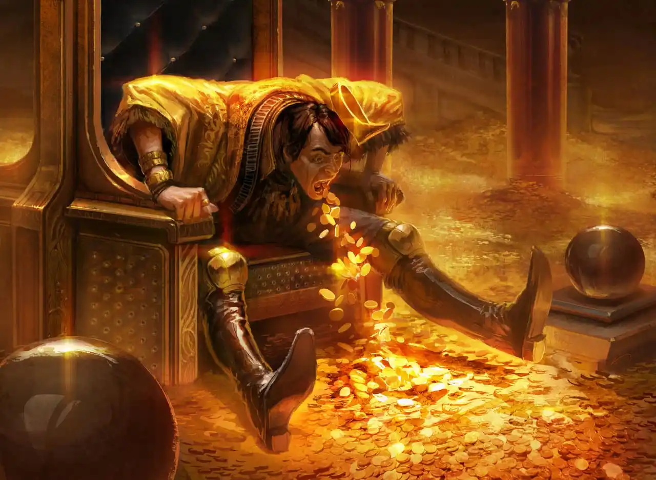 En mand på en trone spytter guldmønter ud, omgivet af et rum fyldt med de samme mønter.