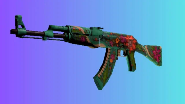 En AK-47 med 'Fire Serpent'-skind, der viser et levende design med grønne nuancer og røde blomstermotiver, mod en blå og lilla gradient baggrund.