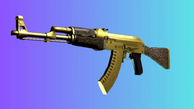 En AK-47 med et 'Gold Arabesque' skin, med indviklede gyldne mønstre på magasinet, sat mod en blå og lilla gradient baggrund.