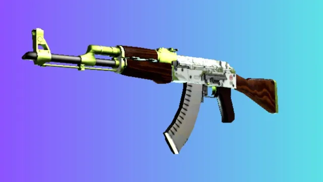 En AK-47 med en 'hydroponisk' hud, med et hvidt og grønt farveskema med accenter af lys lime, sat mod en gradient blå og lilla baggrund.