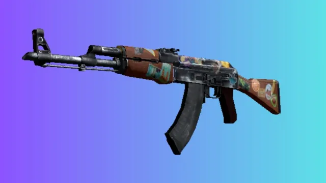 En AK-47 med 'Jet Set'-skind, prydet med forskellige rejseklistermærker og et verdenskort, mod en gradient blå og lilla baggrund.