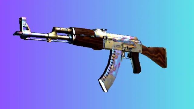 En AK-47 med 'Case Hardened' hud, der viser en unik blanding af blålilla patina på metalliske dele, sat mod en gradient blå og lilla baggrund.