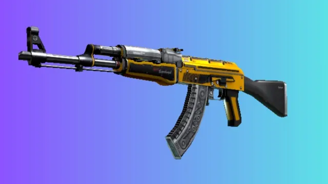 En AK-47 med 'Fuel Injector'-skind, med en levende gul farve med sorte og røde detaljer, sat mod en gradient blå og lilla baggrund.