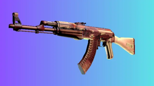 En AK-47 med en 'X-Ray' hud, der præsenterer et gennemsigtigt rødt design, der afslører interne mekanismer, mod en blå og lilla gradient baggrund.