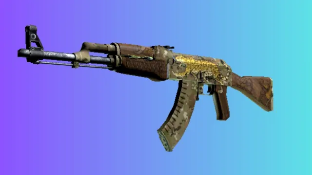 En AK-47 med 'Pantera Onca'-skind, med et mønster inspireret af jaguarens pels, mod en gradient blå og lilla baggrund.