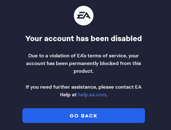 EA-meddelelse, der advarer spilleren om kontoforbud