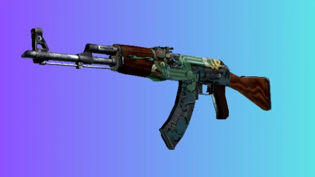En AK-47 med et 'Wild Lotus'-skind med et grønt og blåt farveskema med blomstermønstre, vist mod en gradient blå og lilla baggrund.