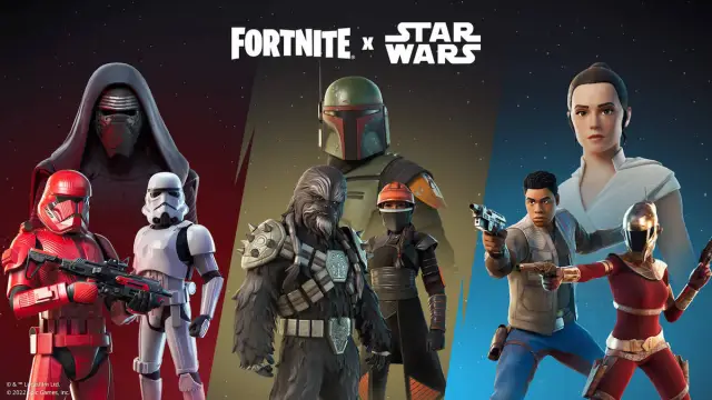 En samling af karakterer fra Star Wars og deres nye tilsvarende outfits i Fortnite.