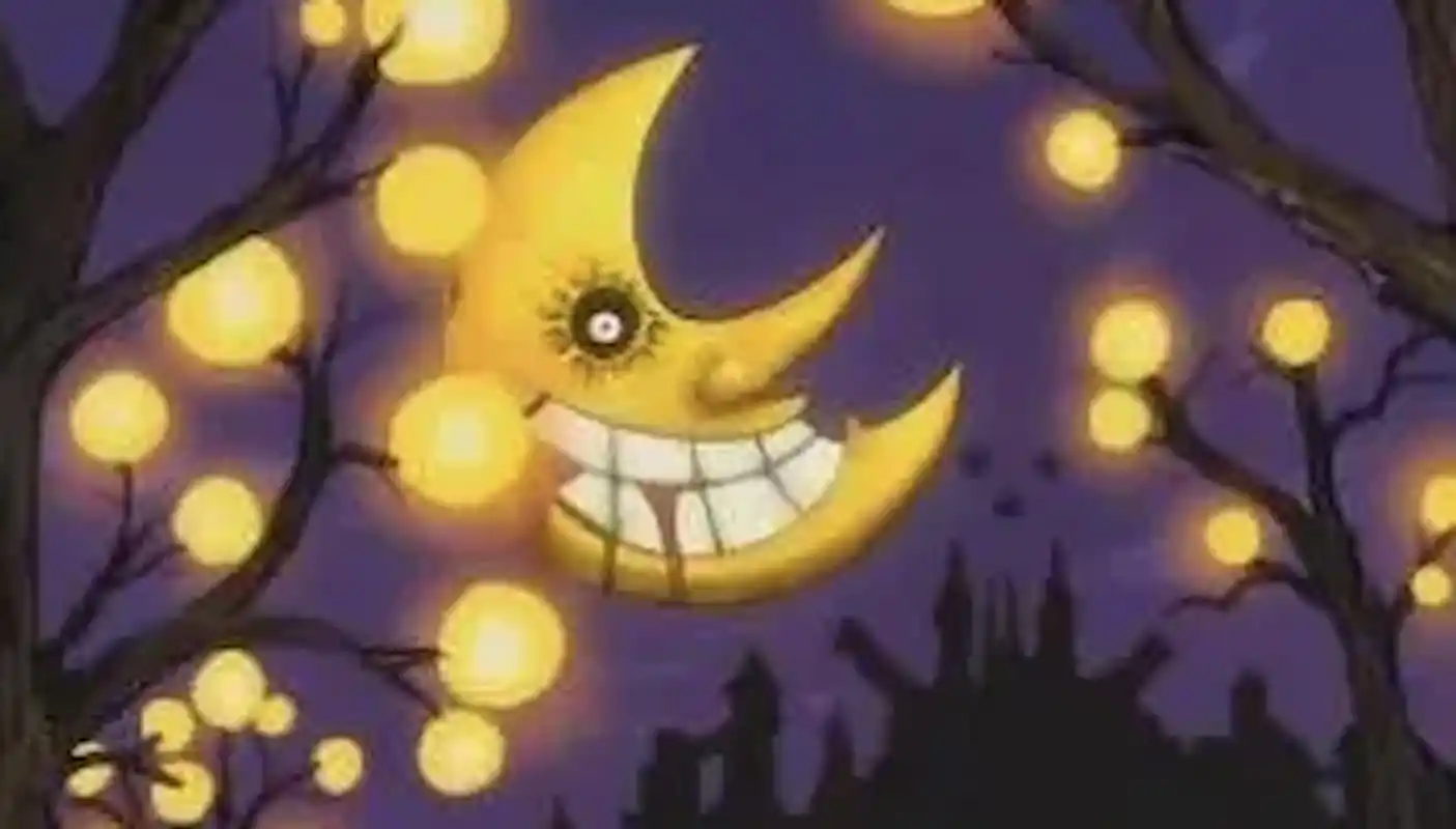 Anime smilende måne med blod ud af munden