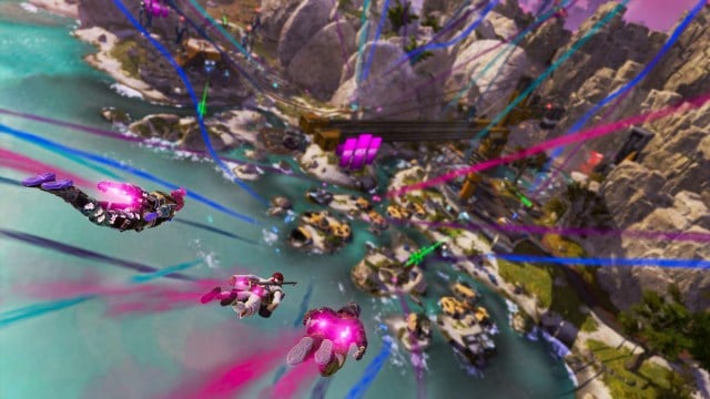 Et hold legender træder ind med farverige malerstier mod en ø i Apex Legends.