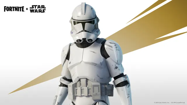Fortnites Clone Trooper Outfit poserer foran hvid baggrund