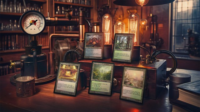 Fem MTG-kort sidder i et gammelt temabibliotek med en række gadgets placeret omkring dem.
